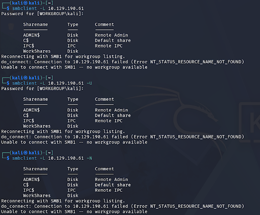 SMB share enumeration results